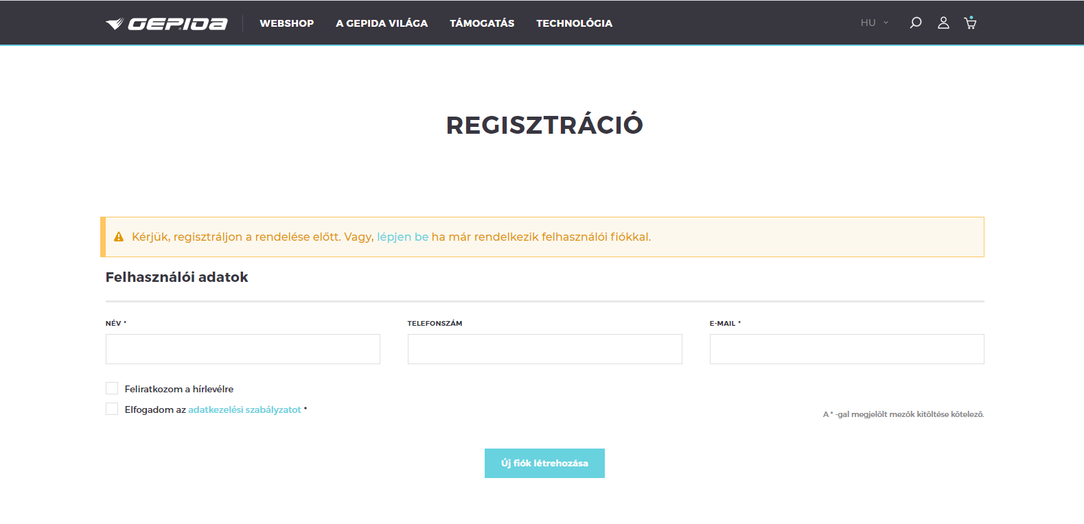 Webshop Gepida fiók regisztráció